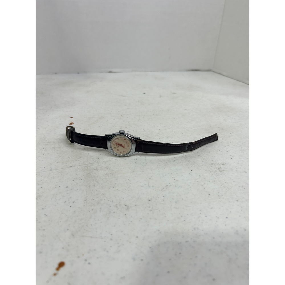 Vintage Mickey Mouse Watch‎ US Time Manual Wind Chrome Bezel Brown Leather Strap